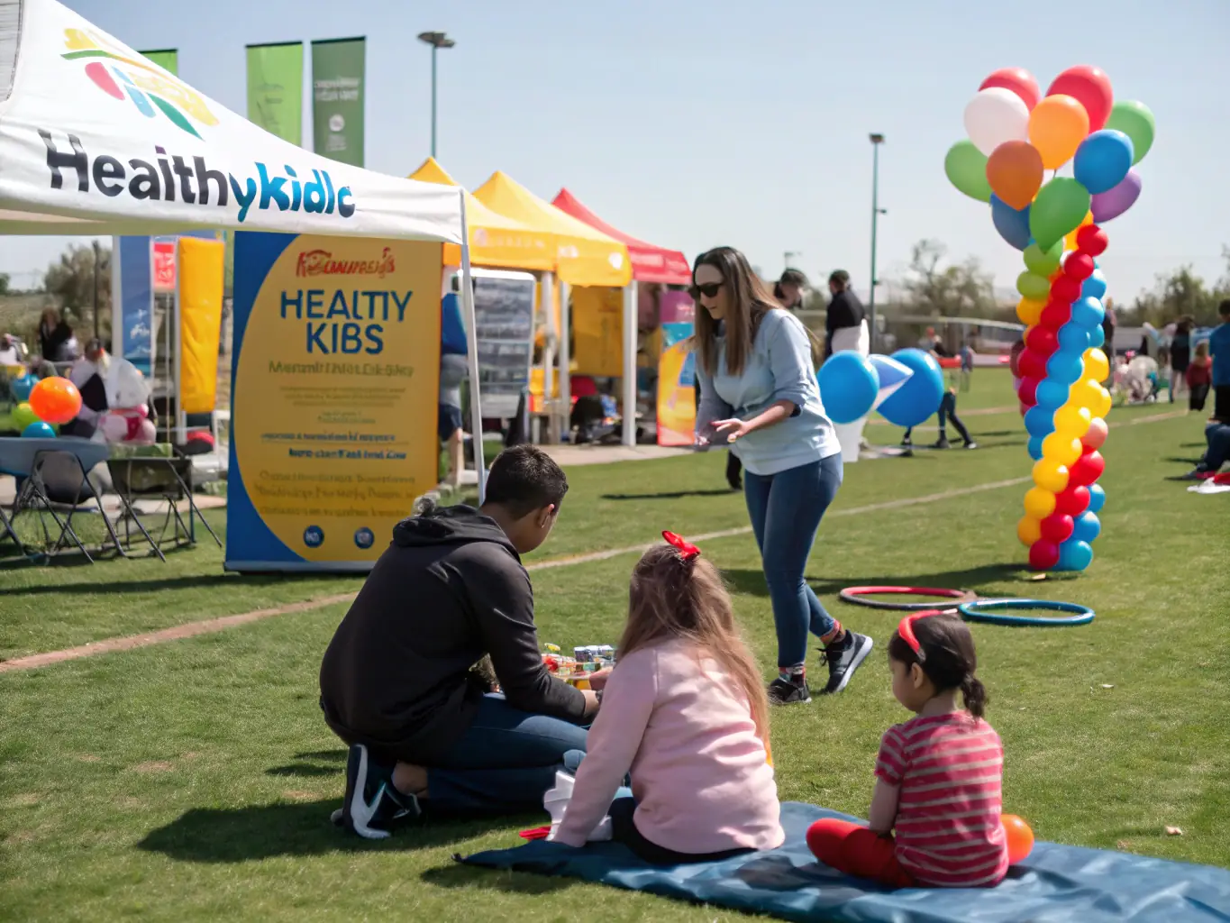 A photograph capturing a community festival organized by J.R.SONORISATION ET ANIMATION, featuring families enjoying live music and interactive games, with visible branding promoting medical research fundraising.