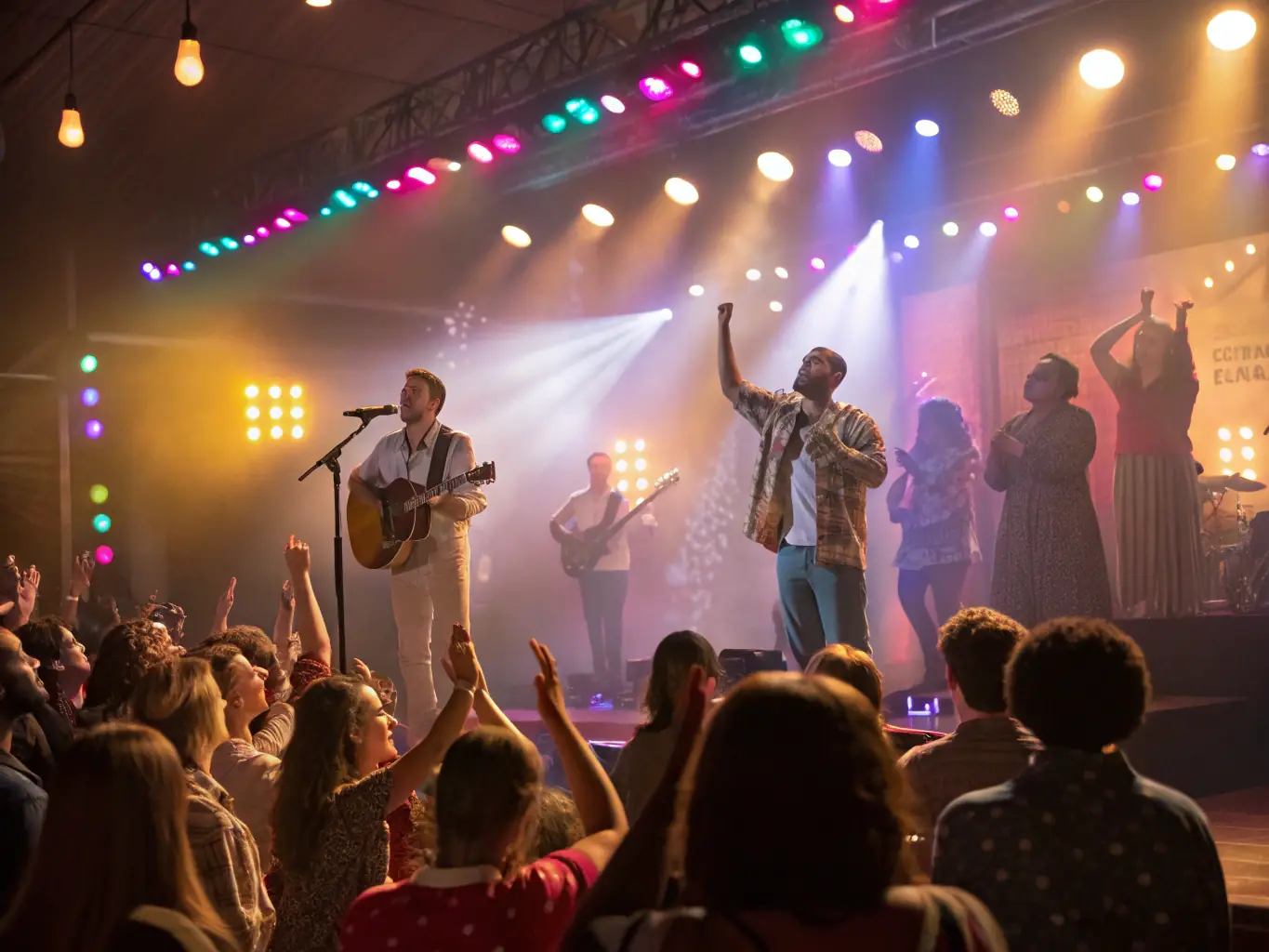 A dynamic shot of a fundraising concert organized by J.R.SONORISATION ET ANIMATION, showing a band performing on stage with enthusiastic audience members and clear signage indicating the cause being supported.